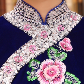 晨恋2015春秋新款 时尚改良复古中袖奢华手工钉珠丝绒旗袍连衣裙