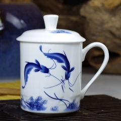 景德镇茶杯陶瓷 带盖骨瓷大水杯 青花瓷器茶具办公会议礼品杯定制