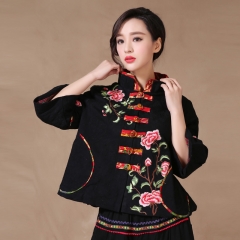 韩紫桐 春款原创民族风女装唐装上衣棉麻宽松九分袖绣花短外套