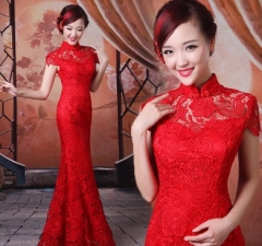 2015红水溶蕾丝改良旗袍修身鱼尾长短款中袖晚礼露背敬酒迎宾婚纱