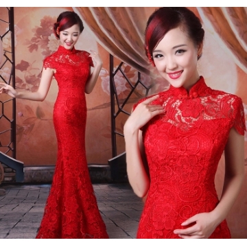 红水溶蕾丝改良旗袍